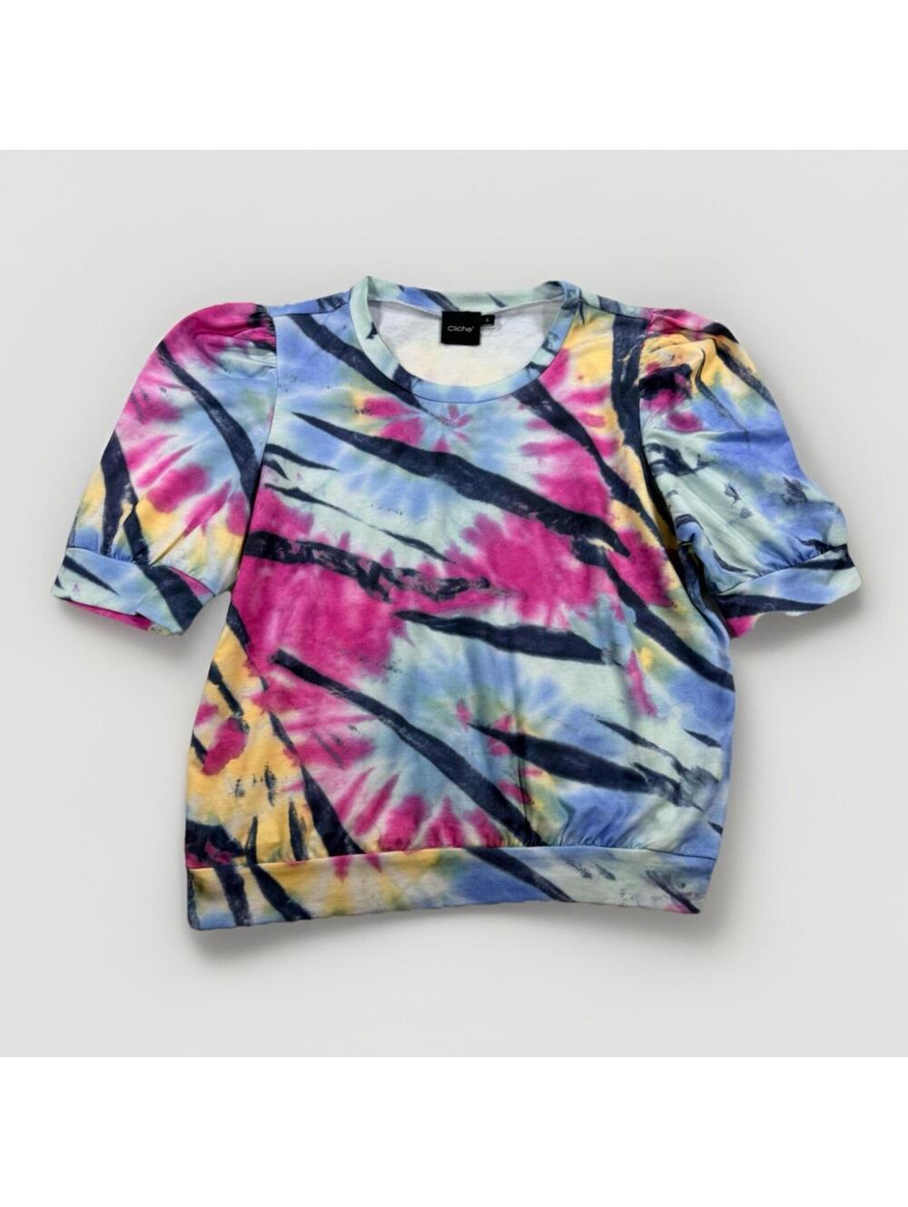 Cliche Tie Dye Puff Sleeve Top Womens Large Blue Pink Abstract Stretch
